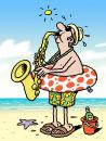 Cartoon: Sax on the beach (small) by Ellis Nadler tagged beach sea sand sun music jazz saxaphone blow brass ring polka dots shorts bucket beer hat hot holiday vacation