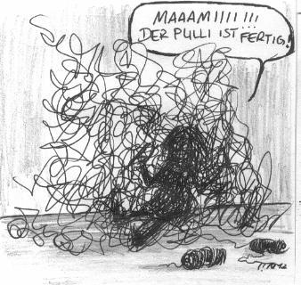 Cartoon: Pulli fertig (medium) by timfuzius tagged stricken,pullover,durcheinander,faden,wirrwar,chaos,kleidung