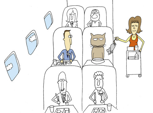 Cartoon: Flight meal (medium) by joruju piroshiki tagged flight,meal,served,on,plane,mouse,cat,esse,flugzeug,katze,katzen,tiere,fliegen,stewardess