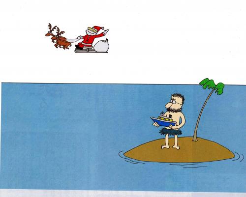 Cartoon: christmas present (medium) by joruju piroshiki tagged desert,island,insel,schiffbrüchiger,palme,einsam,gestrandet,weihnachtsmann,weihnachten,spielzeug,schiff,boot,rentiere,schlitten,gruß,winken,fliegen,geschenk,religion