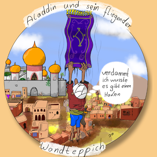 Cartoon: Aladin fliegender Wandteppich (medium) by Grikewilli tagged teppich,wandteppich,aladin,tausendundeinenacht,märchen,wüste,wunderlamp,wünsche