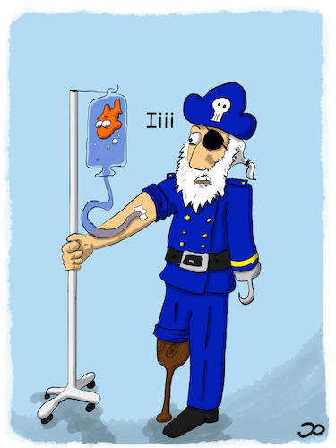 Cartoon: Käpten-Iglo Hospiz (medium) by Grikewilli tagged piraten,krankenhaus,hospital,iglo,fisch,gesundheit,schiff,karter,behandlung,infusion,medikamente,aquarium,holzbein,augenklappe,arzt,blub,doktor,patient