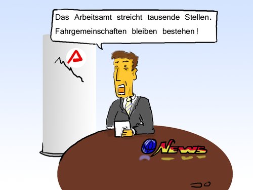 Cartoon: Kürzung beim Arbeitsamt (medium) by Grikewilli tagged arbeitsamt,fahrgemeinschaft,kündigung,nachrichten,news,sparen,jobs,feuern,arbeitslos,ironie,arbeitssuchend,verwaltung