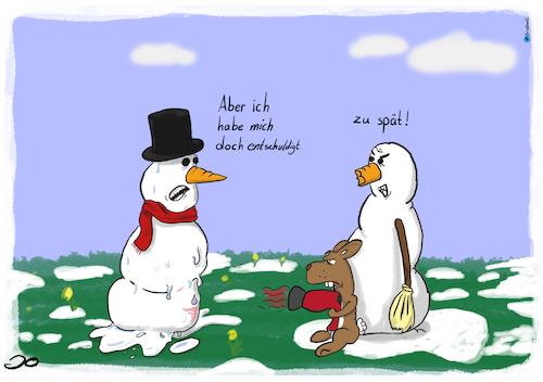 Cartoon: Schnee-Krise (medium) by Grikewilli tagged schnee,schneeman,schneefrau,hase,frühjahr,frühling,föhn,karotte,ehe,streit,ärger