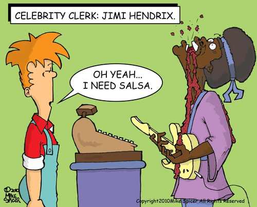 Cartoon: Celebrity Clerk Jimi Hendrix (medium) by Mike Spicer tagged mike,spicer,cartoonist,caricature,humour,hendrix,celebrity,clerk,cartoon