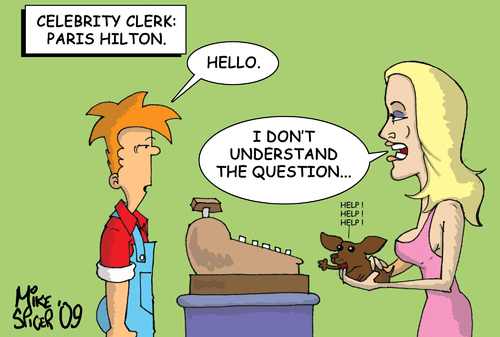 Cartoon: Celebrity Clerk Paris Hilton (medium) by Mike Spicer tagged mike,spicer,cartoon,cartoonist,celebrity,clerk,caricature,humor,paris,hilton