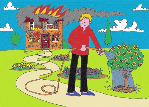 Cartoon: On Fire For Gardening (medium) by Kerina Strevens tagged fire,burn,house,flowers,water,gardener,gardening