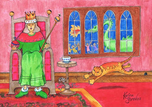 Cartoon: To See The Queen (medium) by Kerina Strevens tagged queen,london,chair,throne,cat,feline,mouse,chase,nursery,rhyme
