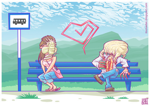 Cartoon: Valentines Day at the Bus Stop (medium) by Freelah tagged facehugger,headcrab,zombie,half,life,alien,the,movie,aliens