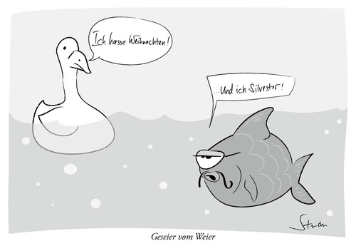 Cartoon: Geseier vom Weier (medium) by philippsturm tagged weihnachten,silvester,karpfen,silvesterkarpfen,weihnachtsgans,gans