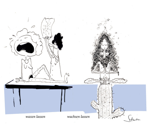 Cartoon: Waxen lassen vs. wachsen lassen (medium) by philippsturm tagged lassen,meditation,meditieren,kosmetik,hair,haar,haare,waxing,homophon,kaktus,yoga,pain,schmerz,waxen