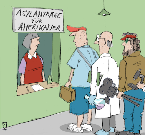 Cartoon: Asylanten II (medium) by Jan Rieckhoff tagged asyl,asylantrag,asylanten,antrag,behörde,einwanderungsbehörde,beamtin,deutschland,europa,amerika,usa,trump,regierung,politik,vertreibung,zustände,angst,amerikaner,einwandern,einwanderer,flucht,auswandern,auswanderer,kulturschaffende,wissenschaftler,migration,migrant,cartoon,comic,witz,karikatur,zeichnung,jan,rieckhoff,asyl,asylantrag,asylanten,antrag,behörde,einwanderungsbehörde,beamtin,deutschland,europa,amerika,usa,trump,regierung,politik,vertreibung,zustände,angst,amerikaner,einwandern,einwanderer,flucht,auswandern,auswanderer,kulturschaffende,wissenschaftler,migration,migrant,cartoon,comic,witz,karikatur,zeichnung,jan,rieckhoff