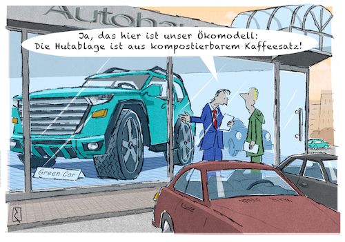 Cartoon: Autohaus (medium) by Jan Rieckhoff tagged auto,automobil,autohaus,autokauf,autohändler,autohandel,automodell,autofabrikat,autofirma,fabrikation,herstellung,suv,verkehr,schadstoffe,auspuff,ausstoß,abgase,co2,öko,bilanz,fußabdruck,atmosphäre,klima,klimawandel,luft,verschmutzung,verpestung,feinstaub,nachhaltig,umwelt,schadstoff,umweltschädlich,umweltbewusst,umweltschonend,energie,erneuerbar,ressourcen,recycling,abfall,recyceln,wiederverwenden,kompostieren,motor,verbrauch,benzin,diesel,tanken,brennstoff,fossil,öl,erdöl,bodenschätze,begrenzt,ausbeutung,erde,terra,grün,planet,cartoon,comic,witz,karikatur,humor,jan,rieckhoff,auto,automobil,autohaus,autokauf,autohändler,autohandel,automodell,autofabrikat,autofirma,fabrikation,herstellung,suv,verkehr,schadstoffe,auspuff,ausstoß,abgase,co2,öko,bilanz,fußabdruck,atmosphäre,klima,klimawandel,luft,verschmutzung,verpestung,feinstaub,nachhaltig,umwelt,schadstoff,umweltschädlich,umweltbewusst,umweltschonend,energie,erneuerbar,ressourcen,recycling,abfall,recyceln,wiederverwenden,kompostieren,motor,verbrauch,benzin,diesel,tanken,brennstoff,fossil,öl,erdöl,bodenschätze,begrenzt,ausbeutung,erde,terra,grün,planet,cartoon,comic,witz,karikatur,humor,jan,rieckhoff