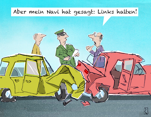 Cartoon: Autounfall (medium) by Jan Rieckhoff tagged auto,wagen,automobil,kfz,pkw,verkehr,straße,straßenverkehr,fahrbahn,asphalt,abbiegen,fahren,verhalten,fehlverhalten,fahrer,lenker,halter,unfall,unfallgegner,crash,zusammenstoß,kollision,schaden,blechschaden,polizei,polizist,verkehrspolizist,navi,navigationsgerät,route,routenplaner,recht,rechtsstreit,verkehrsrecht,gesetz,gesetzgebung,anwalt,adac,strafe,buße,bußgeld,ordnungswidrigkeit,anzeige,cartoon,comic,karikatur,witz,jan,rieckhoff,auto,wagen,automobil,kfz,pkw,verkehr,straße,straßenverkehr,fahrbahn,asphalt,abbiegen,fahren,verhalten,fehlverhalten,fahrer,lenker,halter,unfall,unfallgegner,crash,zusammenstoß,kollision,schaden,blechschaden,polizei,polizist,verkehrspolizist,navi,navigationsgerät,route,routenplaner,recht,rechtsstreit,verkehrsrecht,gesetz,gesetzgebung,anwalt,adac,strafe,buße,bußgeld,ordnungswidrigkeit,anzeige,cartoon,comic,karikatur,witz,jan,rieckhoff