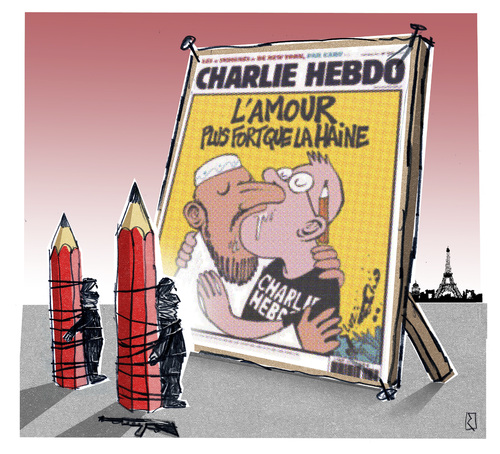 Cartoon: Höchststrafe (medium) by Jan Rieckhoff tagged mord,paris,bestrafung,strafe,satire,islam,attentäter,attentat,hebdo,charlie,suis,je,rieckhoff,jan,cartoon,cartoonisten,cartoon,jan,rieckhoff,charlie,hebdo,attentat,attentäter,islam,satire,strafe,bestrafung,paris,mord,cartoonisten