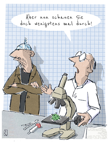 Cartoon: Labor (medium) by Jan Rieckhoff tagged corona,virus,covid,19,erkrankung,pandemie,infektion,ansteckung,risiko,gegenmittel,impfung,impfgegner,vakzin,impfstoff,entwicklung,forschung,querdenker,aluhut,rechtsextremist,ablehnung,ignorant,verschwörung,verschwörungstheorie,untersuchung,labor,mikroskop,wissenschaft,wissenschaftler,gelehrter,arzt,biologe,virologe,institut,cartoon,witz,zeichnung,comic,karikatur,humor,jan,rieckhoff,corona,virus,covid,19,erkrankung,pandemie,infektion,ansteckung,risiko,gegenmittel,impfung,impfgegner,vakzin,impfstoff,entwicklung,forschung,querdenker,aluhut,rechtsextremist,ablehnung,ignorant,verschwörung,verschwörungstheorie,untersuchung,labor,mikroskop,wissenschaft,wissenschaftler,gelehrter,arzt,biologe,virologe,institut,cartoon,witz,zeichnung,comic,karikatur,humor,jan,rieckhoff