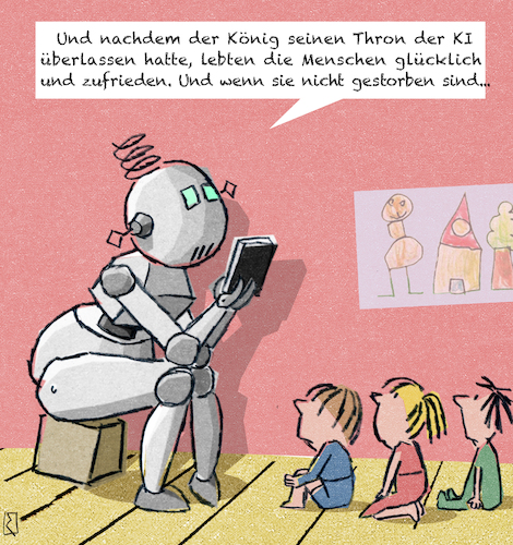 Cartoon: Märchen (medium) by Jan Rieckhoff tagged it,ki,ai,künstliche,intelligenz,bot,chatbot,chatgpt,openai,algorithmus,programmierung,training,eingabe,deep,learning,bits,bites,daten,digital,digitalisierung,binär,elektronisch,chip,computer,rechner,roboter,avatar,android,cyborg,smart,home,cyber,cloud,zukunft,kontrolle,sicherheit,angst,überwachung,transformation,transparenz,cybercrime,security,kinder,erziehung,kita,cartoon,karikatur,witz,comic,jan,rieckhoff,it,ki,ai,künstliche,intelligenz,bot,chatbot,chatgpt,openai,algorithmus,programmierung,training,eingabe,deep,learning,bits,bites,daten,digital,digitalisierung,binär,elektronisch,chip,computer,rechner,roboter,avatar,android,cyborg,smart,home,cyber,cloud,zukunft,kontrolle,sicherheit,angst,überwachung,transformation,transparenz,cybercrime,security,kinder,erziehung,kita,cartoon,karikatur,witz,comic,jan,rieckhoff