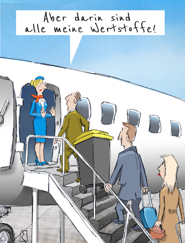 Cartoon: Mülltonne (medium) by Jan Rieckhoff tagged flug,flugzeug,flieger,flugplatz,flughafen,stewardess,reisebegleiterin,passagier,gangway,koffer,rollkoffer,handgepäck,maße,größe,vorschriften,mitnahme,zutritt,einstieg,mitflug,verweigern,verboten,verbot,luftfahrt,gesellschaft,abfall,abfalltonne,müll,mülltonne,wertstoff,wertstofftonne,gelbe,tonne,sammeln,mülltrennung,transport,cartoon,witz,comic,karikatur,zeichnung,jan,rieckhoff,flug,flugzeug,flieger,flugplatz,flughafen,stewardess,reisebegleiterin,passagier,gangway,koffer,rollkoffer,handgepäck,maße,größe,vorschriften,mitnahme,zutritt,einstieg,mitflug,verweigern,verboten,verbot,luftfahrt,gesellschaft,abfall,abfalltonne,müll,mülltonne,wertstoff,wertstofftonne,gelbe,tonne,sammeln,mülltrennung,transport,cartoon,witz,comic,karikatur,zeichnung,jan,rieckhoff