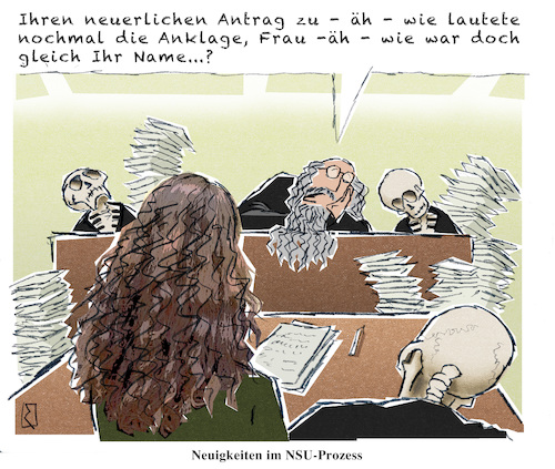 Cartoon: NSU-Prozess (medium) by Jan Rieckhoff tagged nsu,zschäpe,prozess,gericht,richter,vorsitzender,urteil,rechtsprechung,gerechtigkeit,nazi,rechtsextrem,terrorist,mord,anschlag,verbrechen,kriminalität,anwalt,verteidiger,staat,politik,national,sozialistisch,untergrund,dauer,endlos,langwierig,cartoon,karikatur,comic,witz,jan,rieckhoff,nsu,zschäpe,prozess,gericht,richter,vorsitzender,urteil,rechtsprechung,gerechtigkeit,nazi,rechtsextrem,terrorist,mord,anschlag,verbrechen,kriminalität,anwalt,verteidiger,staat,politik,national,sozialistisch,untergrund,dauer,endlos,langwierig,cartoon,karikatur,comic,witz,jan,rieckhoff