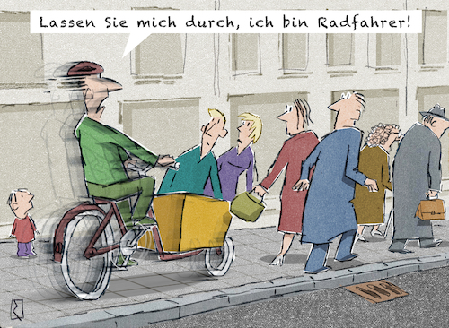 Cartoon: Radfahrer (medium) by Jan Rieckhoff tagged radfahrer,transport,transportmittel,individual,verkehr,verkehrsmittel,verkehrsteilnehmer,verkehrsweg,fahrrad,rad,lastenrad,radler,velo,city,stadt,radweg,fußweg,gehweg,bürgersteig,trottoir,fußgänger,passant,rücksicht,rücksichtslos,comic,cartoon,witz,karikatur,jan,rieckhoff,radfahrer,transport,transportmittel,individual,verkehr,verkehrsmittel,verkehrsteilnehmer,verkehrsweg,fahrrad,rad,lastenrad,radler,velo,city,stadt,radweg,fußweg,gehweg,bürgersteig,trottoir,fußgänger,passant,rücksicht,rücksichtslos,comic,cartoon,witz,karikatur,jan,rieckhoff