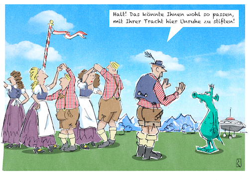 Cartoon: Trachten (medium) by Jan Rieckhoff tagged trachten,trachtengruppe,trachtenmode,dirndl,lederhosen,tradition,kulturgut,tanz,volkstanz,gruppe,konservativ,süddeutschland,ländlich,dorf,besucher,alien,fliegende,untertasse,fremder,kultur,unterschied,ausschließen,bewahren,fremdenfeindlichkeit,ausländer,migrant,cartoon,witz,zeichnung,comic,karikatur,humor,jan,rieckhoff,trachten,trachtengruppe,trachtenmode,dirndl,lederhosen,tradition,kulturgut,tanz,volkstanz,gruppe,konservativ,süddeutschland,ländlich,dorf,besucher,alien,fliegende,untertasse,fremder,kultur,unterschied,ausschließen,bewahren,fremdenfeindlichkeit,ausländer,migrant,cartoon,witz,zeichnung,comic,karikatur,humor,jan,rieckhoff