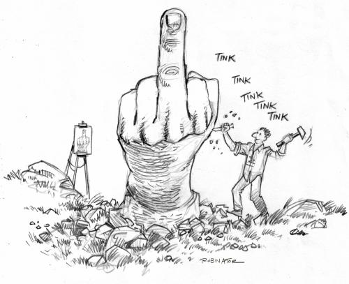 Cartoon: artistic statement (medium) by r8r tagged finger,bird,flip,sculpture,sculptor,carve,stone,fuck,chisel,bildhauer,kunst,statue,figur,skulptur,finger,hand,zeichen,symbol,beleidigung,provokation,provokant,stein,meißeln,handwerker,handwerk,gesellschaft