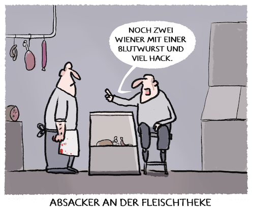 Cartoon: ... (medium) by markus-grolik tagged deutschland,fleischkonsum,klima,klimawandel,fleischproduktion,fleisch,bbq,veganer,vegetarier,konsument,wurst,fleischtheke,wiener,hack,hackfleisch,blutwurst,abhaengigkeit,alkohol,absacker,deutschland,fleischkonsum,klima,klimawandel,fleischproduktion,fleisch,bbq,veganer,vegetarier,konsument,wurst,fleischtheke,wiener,hack,hackfleisch,blutwurst,abhaengigkeit,alkohol,absacker