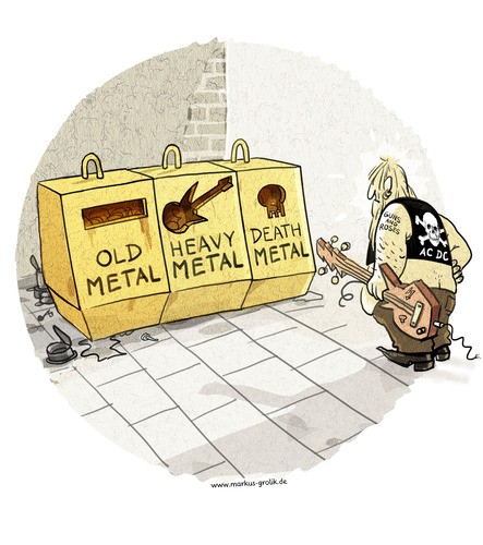 Cartoon: ALTMETALL (medium) by markus-grolik tagged grolik,sound,elektrogitarre,rock,hard,rohstoff,metall,metal,musik,wiederverwertbarkeit,rycyling,mülltrennung,markus,cartoon,music