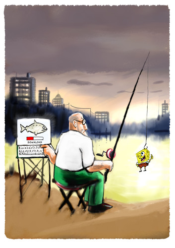 Cartoon: angler (medium) by markus-grolik tagged grolik,cartoon,fisching,digital,umwelt,natur,fischen,angler,bob,sponge