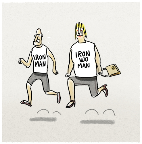 Cartoon: ...Ausdauersport... (medium) by markus-grolik tagged mann,frau,iron,man,triathlon,laufen,wettlauf,geschlechterkampf,mann,frau,iron,man,triathlon,laufen,wettlauf,geschlechterkampf