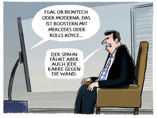 Cartoon: Automarkenvergleich (medium) by markus-grolik tagged moderna,biontech,spahn,soeder,kommunikation,pandemie,union,gesundheitsminister,moderna,biontech,spahn,soeder,kommunikation,pandemie,union,gesundheitsminister