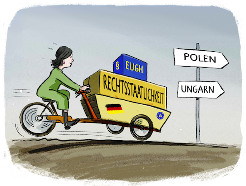 Cartoon: Baerbock biking (medium) by markus-grolik tagged aussenministerin,baerbock,polen,pis,ampel,antrittsbesuch,ungarn,eu,eugh,rechtsstaat,bruessel,deutschland,gruene,lastenfahrrad,aussenministerin,baerbock,polen,pis,ampel,antrittsbesuch,ungarn,eu,eugh,rechtsstaat,bruessel,deutschland,gruene,lastenfahrrad