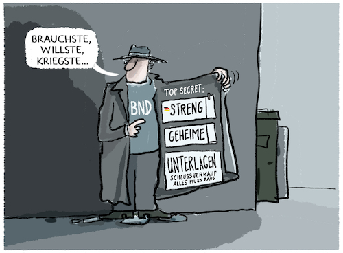 Cartoon: BND... (medium) by markus-grolik tagged bnd,geheimdienst,schwarzmarkt,geheimdienstunterlagen,ausverkauf,spion,bnd,geheimdienst,schwarzmarkt,geheimdienstunterlagen,ausverkauf,spion