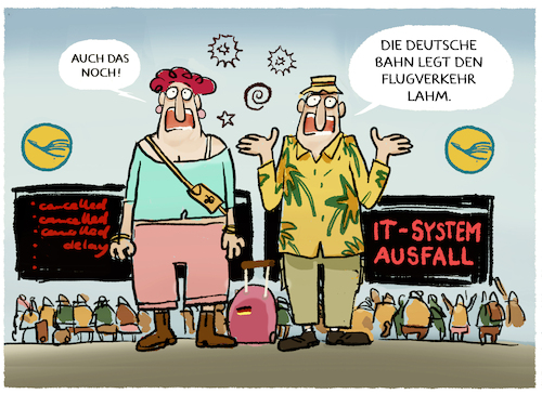 Cartoon: Chaos bei der Lufthansa.. (medium) by markus-grolik tagged lufthansa,flugverkehr,verspaetungen,flugausfaelle,it,system,glasfaser,bagger,deutsche,bahn,bauarbeiten,deutschland,lufthansa,flugverkehr,verspaetungen,flugausfaelle,it,system,glasfaser,bagger,deutsche,bahn,bauarbeiten,deutschland