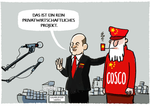 Cartoon: Chinesische Investoren.. (medium) by markus-grolik tagged china,deutschland,europa,hamburger,hafen,terminal,container,seidenstrasse,abhaengigkeit,ausverkauf,infrastruktur,spd,scholz,bundeskanzler,cosco,china,deutschland,europa,hamburger,hafen,terminal,container,seidenstrasse,abhaengigkeit,ausverkauf,infrastruktur,spd,scholz,bundeskanzler,cosco