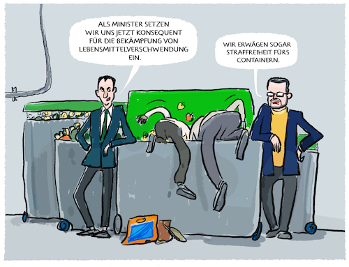 Cartoon: Containern als Lösung... (medium) by markus-grolik tagged lebensmittelverschwendung,containern,deutschland,supermaerkte,aldi,edeka,armut,buergergeld,inflation,buschmann,oezdemir,ampel,gruene,fdp,lebensmittelverschwendung,containern,deutschland,supermaerkte,aldi,edeka,armut,buergergeld,inflation,buschmann,oezdemir,ampel,gruene,fdp