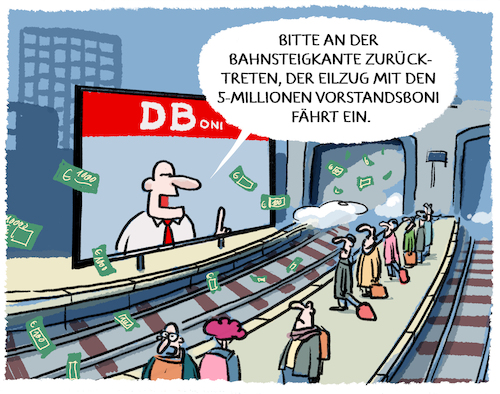 Cartoon: DB-Vorstandsboni (medium) by markus-grolik tagged deutsche,bahn,vorstand,manager,gehaelter,boni,unpuenktlichkeit,verspaetungen,bahnkunden,schienennetz,deutsche,bahn,vorstand,manager,gehaelter,boni,unpuenktlichkeit,verspaetungen,bahnkunden,schienennetz