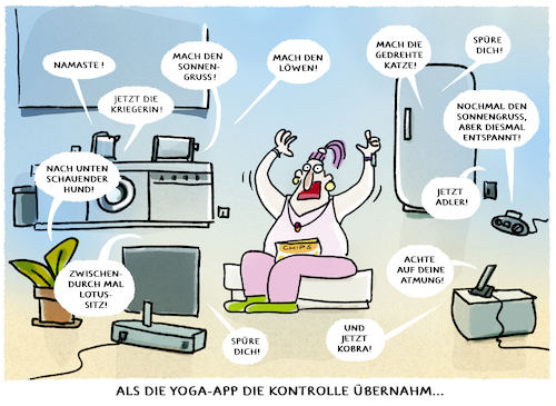 Cartoon: Digitale Selbstoptimierung... (medium) by markus-grolik tagged app,yoga,selbstoptimierung,digital,digitalisierung,alltag,kontrolle,überwachung,meditation,stress,work,life,balance,single,frau,app,yoga,selbstoptimierung,digital,digitalisierung,alltag,kontrolle,überwachung,meditation,stress,work,life,balance,single,frau