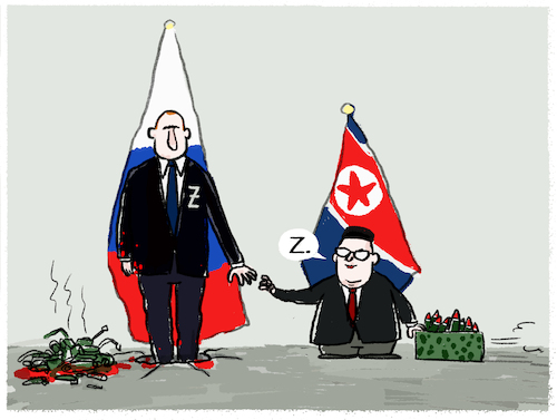 Cartoon: Endlich auf Augenhöhe (medium) by markus-grolik tagged putin,russland,kim,jong,un,nordkorea,ukraine,krieg,waffen,staatsbesuch,opertion,kiew,china,weltordnung,krim,putin,russland,kim,jong,un,nordkorea,ukraine,krieg,waffen,staatsbesuch,opertion,kiew,china,weltordnung,krim