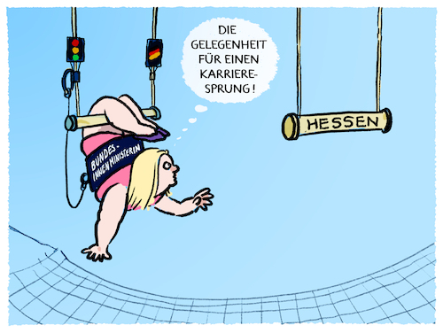 Cartoon: Faeser vorm Absprung... (medium) by markus-grolik tagged ampel,nancy,faeser,bundesinnenministerin,spd,hessen,ministerpraesidentin,wahl,hessenwahl,kabinett,scholz,ampel,nancy,faeser,bundesinnenministerin,spd,hessen,ministerpraesidentin,wahl,hessenwahl,kabinett,scholz