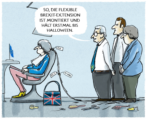 Cartoon: ...Flexi-Extension... (medium) by markus-grolik tagged brexit,termin,aufschub,bruessel,maytheresa,may,minister,london,eu,europa,england,kabinett,alternativen,deal,nordirland,backstop,halloween,macron,merkel,flexi,extension,brexit,termin,aufschub,bruessel,maytheresa,may,minister,london,eu,europa,england,kabinett,alternativen,deal,nordirland,backstop,halloween,macron,merkel,flexi,extension