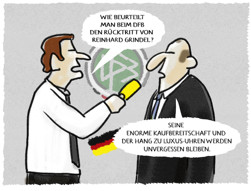 Cartoon: Funktionär (medium) by markus-grolik tagged dfb,grindel,ruecktritt,reinhard,korruption,luxus,uhr,präsident,dfb,grindel,ruecktritt,reinhard,korruption,luxus,uhr,präsident