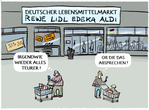 Cartoon: Gewinnmitnahmen... (medium) by markus-grolik tagged aldi,rewe,edeka,lidl,deutschland,lebensmittelmarkt,supermarkt,einkauf,inflation,preise,gewinnmitnahme,kartell,kartellamt,preisabsprachen,aldi,rewe,edeka,lidl,deutschland,lebensmittelmarkt,supermarkt,einkauf,inflation,preise,gewinnmitnahme,kartell,kartellamt,preisabsprachen