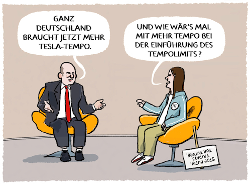 Cartoon: Gigafactoring Germany (medium) by markus-grolik tagged ampel,habeck,wirtschaft,tempolimit,tesla,gigafactory,deutschland,tempo,genehmigungsverfahren,behoerden,arbeitsplaetze,wasserschutz,umwelt,ampel,habeck,wirtschaft,tempolimit,tesla,gigafactory,deutschland,tempo,genehmigungsverfahren,behoerden,arbeitsplaetze,wasserschutz,umwelt