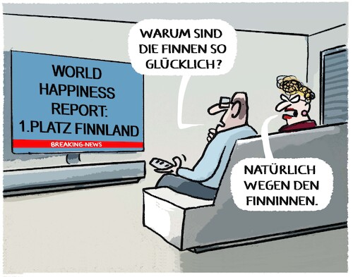 Cartoon: Glücksreport... (medium) by markus-grolik tagged finnland,finnen,finninnen,mann,frau,glueck,world,happiness,report,lebensqualitaet,gluecksreport,gluecklich,grund,finnland,finnen,finninnen,mann,frau,glueck,world,happiness,report,lebensqualitaet,gluecksreport,gluecklich,grund