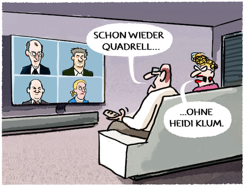 Cartoon: GNTM-TV.... (medium) by markus-grolik tagged wahlkampf,quadrell,wahlarena,wahlen,deutschland,scholz,merz,habeck,weidel,tv,casting,rtl,ard,zdf,klum,gntm,bundestagswahlen,waehler,fernsehen,show,wahlkampf,quadrell,wahlarena,wahlen,deutschland,scholz,merz,habeck,weidel,tv,casting,rtl,ard,zdf,klum,gntm,bundestagswahlen,waehler,fernsehen,show