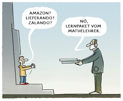 Cartoon: Home Schuling (medium) by markus-grolik tagged homeschooling,schule,pandemie,unterricht,bildung,logistik,lieferung,paketdienst,amazon,lieferando,zalando,mathelehrer,uebergabe,schueler,junge,kind,hoffnung,freude,paeckchen,pakete,post,mundschutz,homeschooling,schule,pandemie,unterricht,bildung,logistik,lieferung,paketdienst,amazon,lieferando,zalando,mathelehrer,uebergabe,schueler,junge,kind,hoffnung,freude,paeckchen,pakete,post,mundschutz