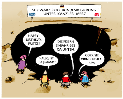 Cartoon: Im Umfragekeller... (medium) by markus-grolik tagged schwarz,rot,koalition,geburtstag,kanzler,merz,klingbeil,soeder,reformen,versprechungen,wirtschaft,umfragen,umfragetief,cdu,csu,spd,deutschland,inflation,infratest,schwarz,rot,koalition,geburtstag,kanzler,merz,klingbeil,soeder,reformen,versprechungen,wirtschaft,umfragen,umfragetief,cdu,csu,spd,deutschland,inflation,infratest