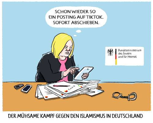 Cartoon: Innenministerin und Social Media (medium) by markus-grolik tagged ampel,bundesinnenministerium,nancy,faeser,islamismus,tiktok,soziale,plattformen,posting,kommentare,influencer,abschiebung,innenministerin,social,media,abschieben,fluechtlinge,asyl,asylpolitik,ampel,bundesinnenministerium,nancy,faeser,islamismus,tiktok,soziale,plattformen,posting,kommentare,influencer,abschiebung,innenministerin,social,media,abschieben,fluechtlinge,asyl,asylpolitik