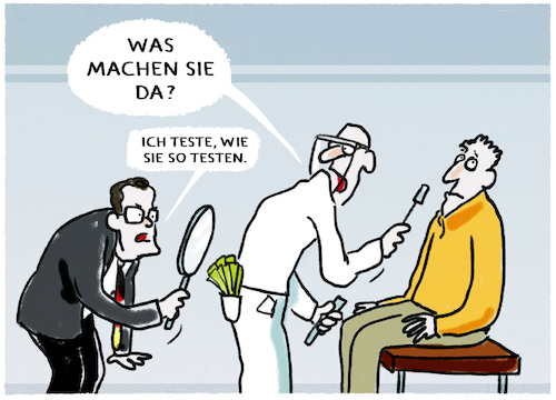 Cartoon: Jens testet... (medium) by markus-grolik tagged jens,spahn,testzentren,deutschland,betrug,steuergeld,pandemie,bereicherung,gier,testen,schnelltest,jens,spahn,testzentren,deutschland,betrug,steuergeld,pandemie,bereicherung,gier,testen,schnelltest